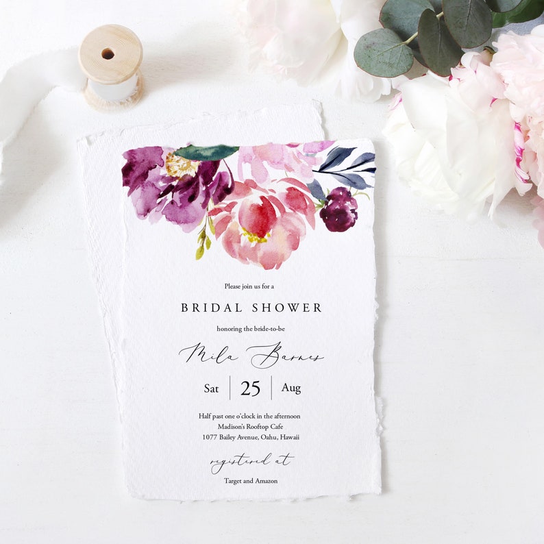 Plantilla de invitación para despedida de soltera en tonos morados y corales, invitación editable para despedida de soltera, invitación para despedida de soltera con flores para imprimir, Templett, C59 imagen 1