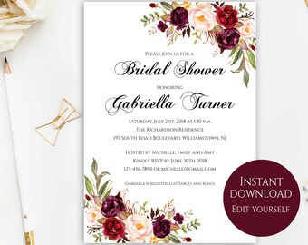 Bridal Shower Invitation, Editable Template, Bridal Shower Printable, Fall Bridal Shower, Marsala Bridal Shower, DIY Bridal Shower, PDF