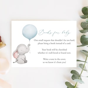 Demande de livre pour garçon, Ballon bleu, Apportez un livre au lieu d'une carte, Hors-texte, Livres garçon pour bébé, Hors-texte pour baby shower éléphant, Templett, C72