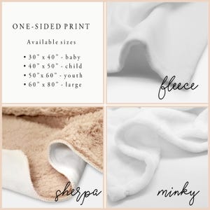 May include: A white blanket with one-sided print available in sizes 30 by 40 inches, 40 by 50 inches, 50 by 60 inches, and 60 by 80 inches. The image displays three fabric textures labeled as fleece, sherpa, and minky.