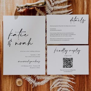 May include: Wedding invitation with a white background and black text. The invitation is for Katie and Noah's wedding on 7 September 2029, at Vinewood Gardens, 1135 Baltimore Drive, Portland, OR. The invitation includes a QR code for RSVP.