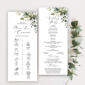 Greenery Wedding Timeline Template, Fully Editable Printable Ceremony Template, Printable Wedding Program, Order Of Ceremony, Templett C12