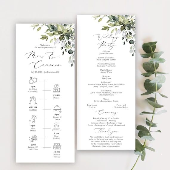 Greenery Wedding Timeline Template Fully Editable Printable Etsy