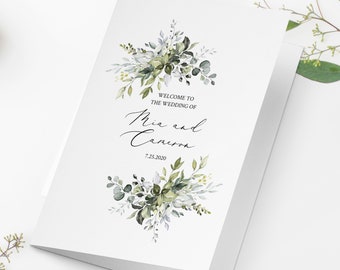 Folded Wedding Program Template, Fully Editable, Templett, Folded Ceremony Template Printable Greenery Wedding Program Order Of Ceremony C12