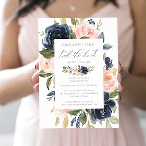 Uitnodiging sjabloon schaking downloaden, We Tied The Knot-aankondiging, bewerkbare receptieuitnodiging, afdrukbare uitnodiging Navy, Templett C24