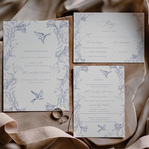 Dusty Blue Wedding Invitation Set French Toile Wedding Invitation Suite Chinoiserie Wedding Invitation Template Bird Wedding Templett C116