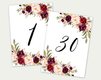 Table Numbers Printable, Wedding Table Numbers, Table Number Cards, 1-30, Marsala, Burgundy Table Numbers, 5x7, Banquet Table Numbers