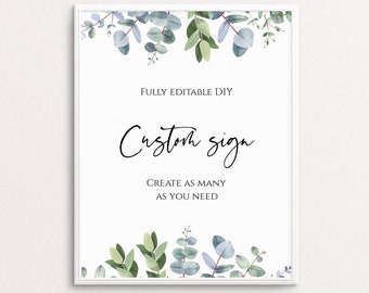 Custom Wedding Sign Template, Fully Editable, Greenery Self-Editable Sign, Printable Wedding Signs Eucalyptus, 100% Editable, Templett C40