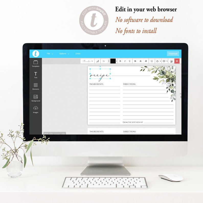 May include: A computer screen displaying a recipe template with a watercolor floral design. The template has sections for ingredients and directions. The text "recipe" is written in cursive at the top of the template.
