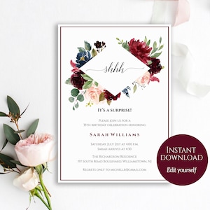 Surprise Birthday Invitation, Surprise Party Invitation, Shhh It&#39;s A Surprise, Burgundy Surprise Party, Instant Download, Edit Yourself, C6