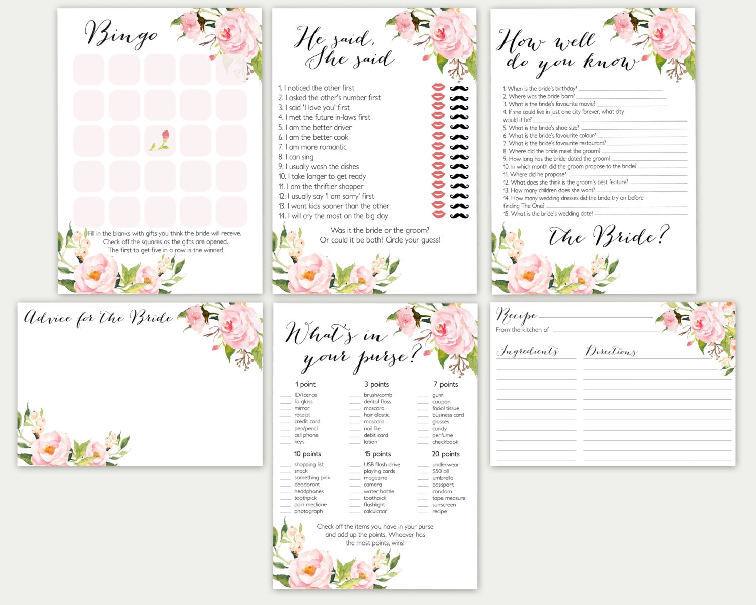 Bridal Shower Games Bridal Shower Game Set Bridal Game Set Etsy