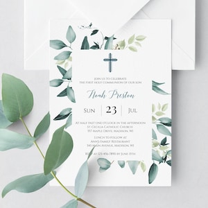 Greenery First Communion Invitation, Instant Download, Printable First Holy Communion Invitation Boy, Editable Invitation, Templett, C31