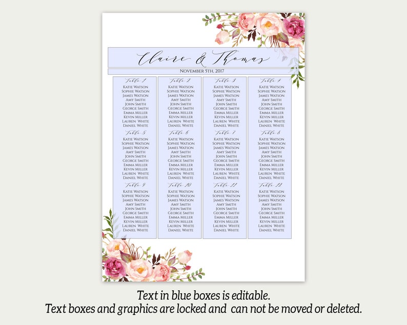 Wedding Seating Chart Template, Wedding Seating Chart, Seating Chart Poster, Floral Seating Chart, Seating Plan, Editable Seating Chart, C1 image 3