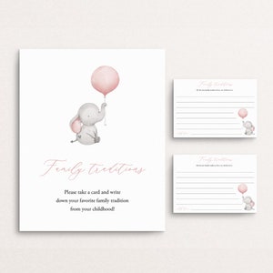 Girl Baby Shower Family Tradition Sign And Cards, Szablon gry Baby Shower, Wspomnienia z dzieciństwa słonia, Balloon Share A Memory, Templett C72