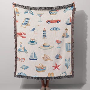 Soft Breathable Cotton Blanket Woven Throw Design Nautical Coastal Elements French Riviera Inspired Style Personalized Gift Women Custom Text Option Beach House Living Room Decor Mediterranean Vacation Aesthetic Couch Throw Comfort Seaside