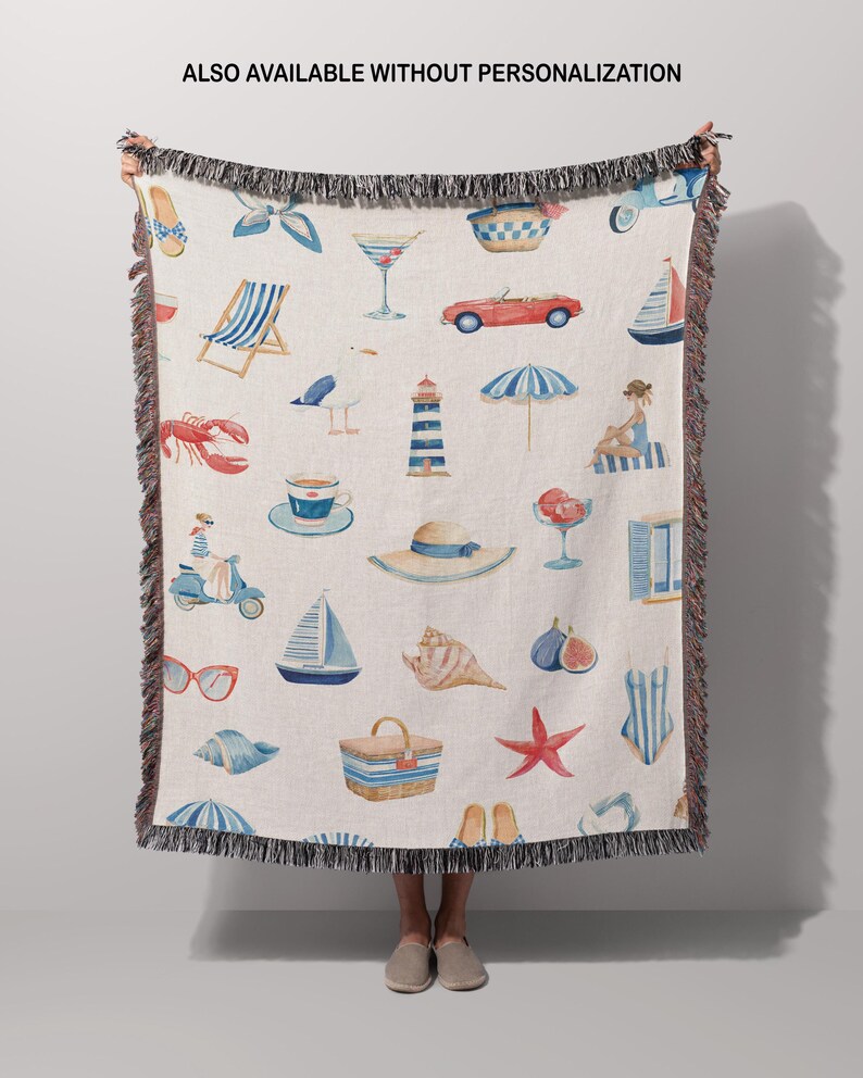 Soft Breathable Cotton Blanket Woven Throw Design Nautical Coastal Elements French Riviera Inspired Style Personalized Gift Women Custom Text Option Beach House Living Room Decor Mediterranean Vacation Aesthetic Couch Throw Comfort Seaside