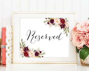 Reserved Sign, Reserved Signs For Wedding, Reserved Table Sign, Reserved Weding Sign, Reserved Lanscape, Reserved Seating Sign, Marsala