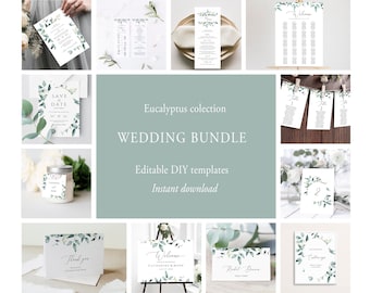 Eucalyptus Wedding Bundle, Editable Wedding Bundle Template, Printable Greenery Wedding Invitation Suite, Foliage Templates, Templett C31