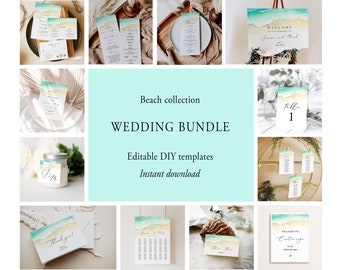Beach Wedding Bundle, Editable Destination Wedding Bundle Template, Ocean Wedding Invitation Suite, Seashore Wedding Essentials Templett C56