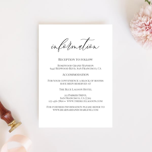 Printable Wedding Details Card, Instant Download, Enclosure Card Template, Editable Information Card, Wedding Directions Card, Templett, C16