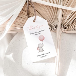 Elephant Thank You Tag Template, 100% Editable, Girl Baby Shower Thank You Tag Printable, Pink Balloon Favor Tag, Gift Tag, Templett, C72