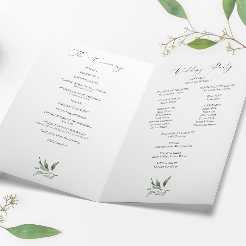 May include: A wedding ceremony program with a green leafy design. The program lists the order of events for the ceremony, including the officiant, parents of the bride and groom, maid of honor, bridesmaids, groomsmen, and ushers.