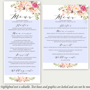 Wedding Menu Template, 5x7, 4x9, Wedding Menu Cards, Menu Cards, Editable Menu, Menu Card Template, Floral Menu, Party Menu, Printable, C1 imagen 2