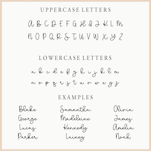 May include: A cream-coloured chart displays uppercase and lowercase letters in a cursive font. Examples of names are also shown, including Blake, Samantha, and Olivia. The text is in black.