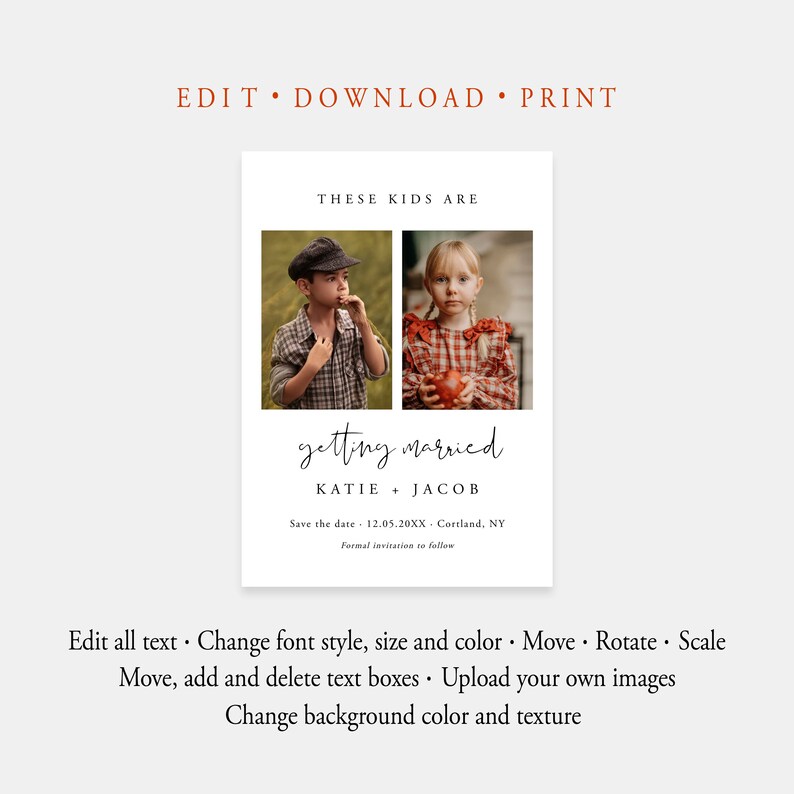 Op de afbeelding: Een save-the-date kaart met twee foto's van kinderen in een rustieke omgeving. De tekst luidt "Deze kinderen gaan trouwen Katie + Jacob Save the date 12.05.20XX Cortland, NY Formele uitnodiging volgt"