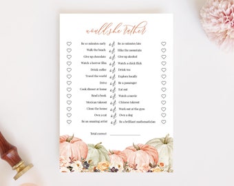 Pumpkin Would She Rather Game, Editable Bridal Shower Game, Fall Bridal Shower Activity, Wedding Shower Game Template Download Templett, C44