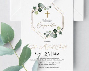 Confirmation Invitation Template Download, Printable Confirmation Invitation For Boys, Greenery And Gold Editable Invite, Templett, C22