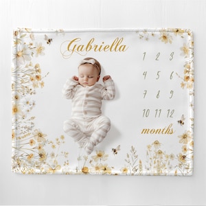 Manta de flores silvestres con nombre de abeja, manta personalizada para el mes del bebé, regalo personalizado para baby shower, manta para el primer año, regalo para recién nacido C108