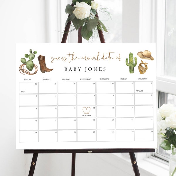 Due Date Calendar, Cowboy Guess The Baby Arrival Date, Wild West Baby Shower Guess The Birth Date, Rodeo Due Date Prediction, Templett C86