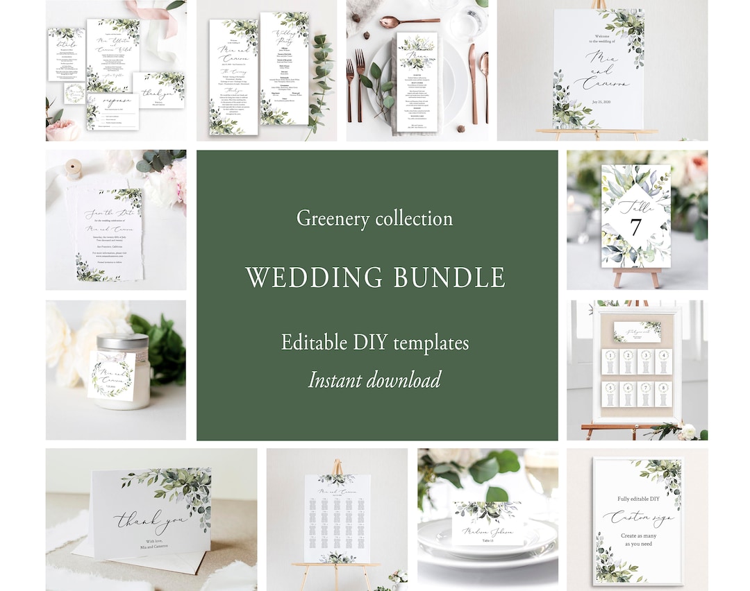 Greenery Wedding Bundle, Editable Wedding Bundle Template, Printable ...