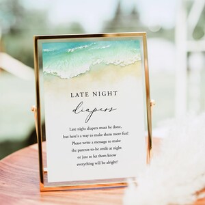 Beach Late Night Diapers, Ocean Late Night Diaper Sign, Printable Seashore Diaper Message Game, Sand Baby Shower Activity, Templett, C56