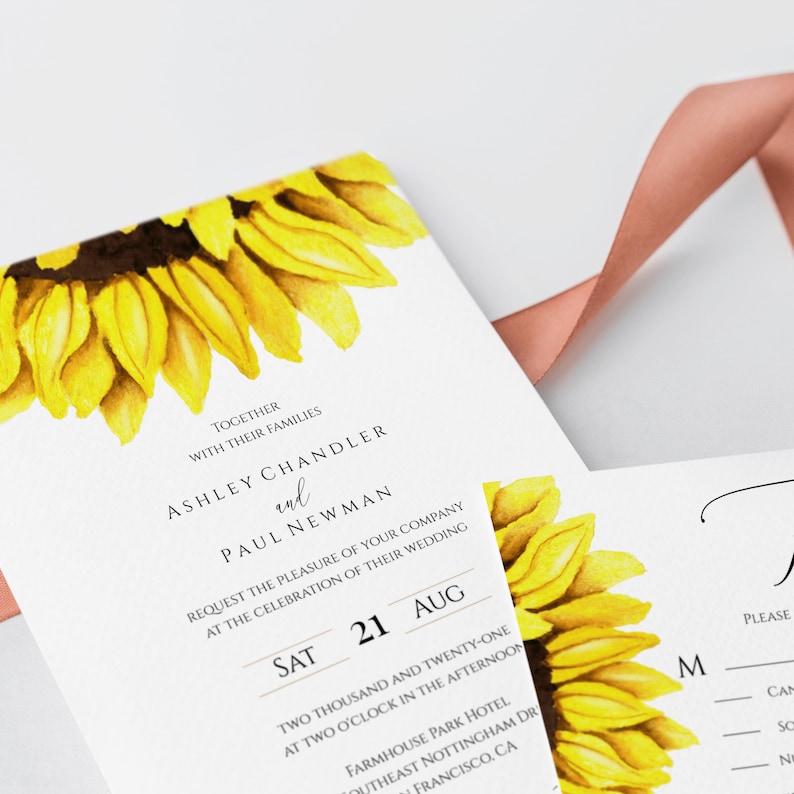 Sunflower Wedding Invitation Template, 5 Piece Set, Editable Wedding Invitation Suite, Printable Rustic Wedding Invitation Set, Templett C32 image 2