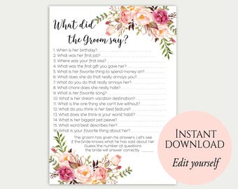 What Did The Groom Say, Edit Yourself, Editable Bridal Shower Game, What Did He Say About His Bride, Couples Shower, Wedding Shower Game, C1