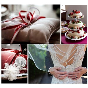 May include: A three-tier wedding cake decorated with fresh berries and flowers. The cake is on a silver stand and is surrounded by a red tablecloth.