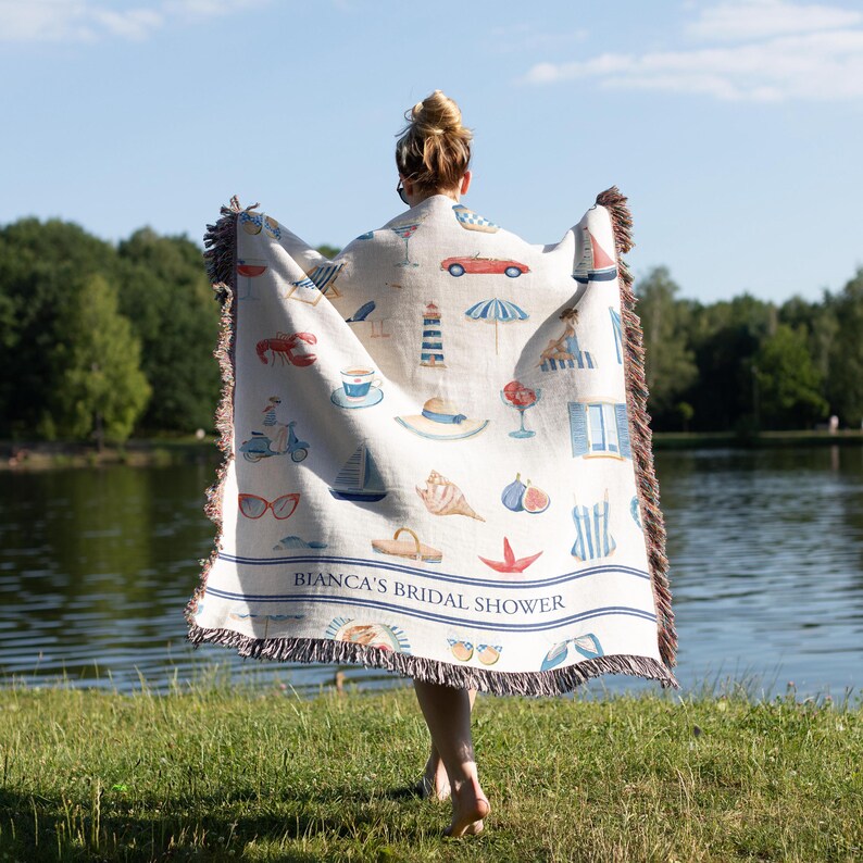 Coastal Home Decor Blanket Woven Cotton Throw Soft Breathable Textile Mediterranean Vacation Vibes French Riviera Style Design Personalized Custom Text Gift Beach House Living Room Accent Nautical Seaside Elements Couch Comfort Women Gift