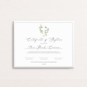 Plantilla de certificado de bautismo, certificado de dedicación de bebé, descarga instantánea, certificado de bautizo con cruz suculenta, Templett, C15