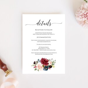 Modelo de cartão de anexo Merlot, cartão de detalhes de casamento para impressão, cartão de informações editável Borgonha, cartão de instruções de casamento, Templett, C6