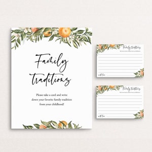 Letrero y tarjetas de tradición familiar, plantilla de juego de baby shower naranja, recuerdos de la infancia de Little Cutie, tarjeta de memoria para compartir con cítricos, Templett, C79