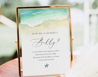 Beach How Big Is Mommy's Belly Sign And Cards, Ocean Belly Guessing Game Template, Seashore Baby Shower Game Editable, Templett, C56