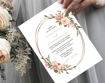 Blush And Gold Wedding Invitation Template, 100% Editable Wedding Invitation Suite, Printable Floral Wedding Invitation Set, Templett, C28