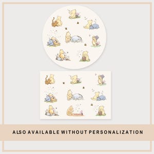 May include: A circular and rectangular print featuring illustrations of Winnie the Pooh and friends. The images are in soft pastel colours and include bees, butterflies, and honey pots. The text at the bottom reads, "ALSO AVAILABLE WITHOUT PERSONALIZATION."