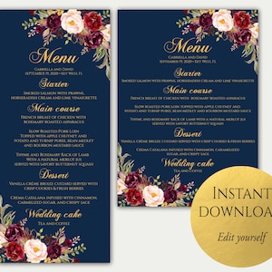Modelo de Menu de Casamento, Cartões de Menu de Casamento, Azul-marinho, Dourado, Menu Editável, Modelo de Cartão de Menu, Menu Azul-marinho, Menu de Festa, Download Instantâneo, Menu, C5