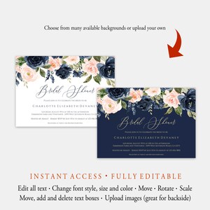 Navy And Blush Bridal Shower Invitation Template Download, Fully Editable Printable Bridal Shower Invitation, Instant Download, Templett C24 image 3