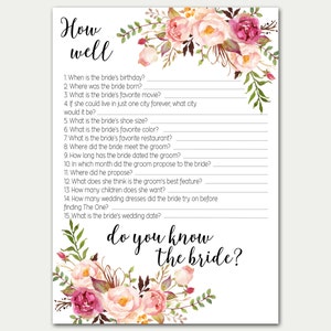 How Well Do You Know The Bride, Bridal Shower Game, Bridal Shower Activity, Floral Bridal Shower Game, Printable Game, Instant Download, C1 image 1