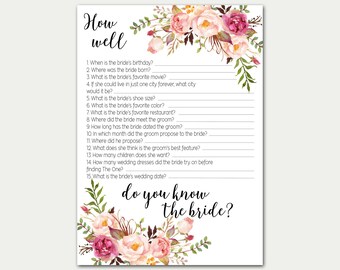 How Well Do You Know The Bride, Bridal Shower Game, Bridal Shower Activity, Floral Bridal Shower Game, Printable Game, Instant Download, C1