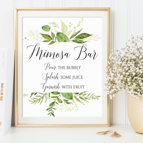 Mimosa Bar Sign, Wedding Sign, Bridal Shower Sign, Bubbly Bar Sign, Wedding Bar Sign, Wedding Decor, Greenery Decor, Mimosa Bar Print, C8